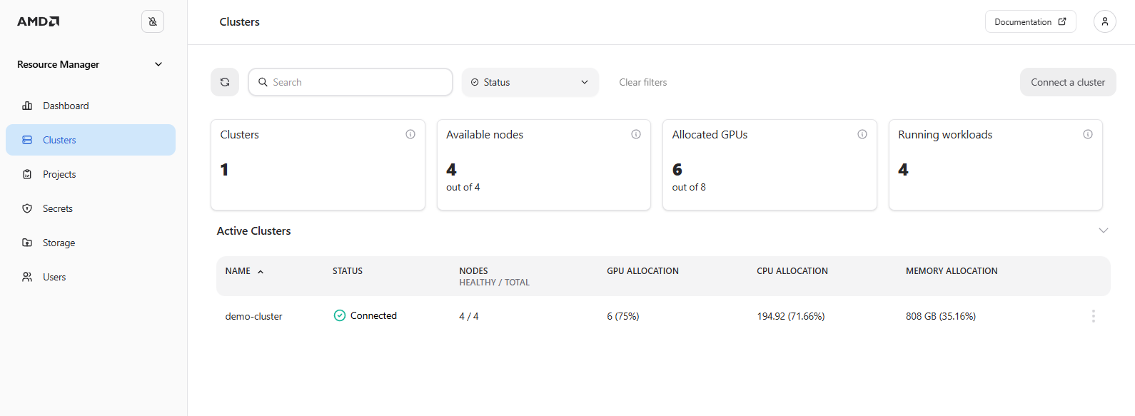The Clusters page showing 6 workloads running in the cluster