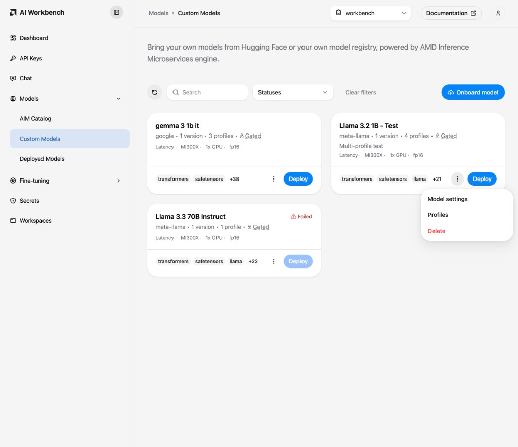 The Custom Models tab with a model action menu open, showing Model settings, Profiles, and Delete.