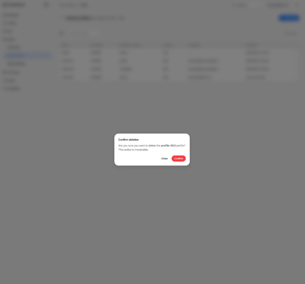 The Confirm deletion dialog asking you to confirm deleting a named profile, warning that the action is irreversible.