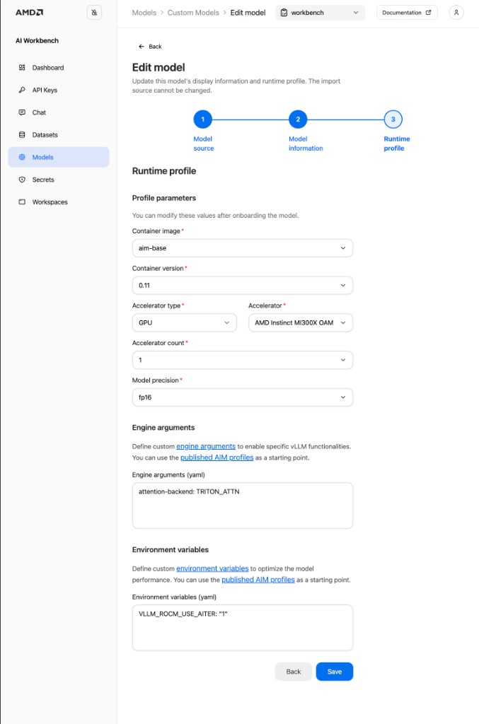 The Runtime profile step of the Edit model flow, with engine arguments populated.