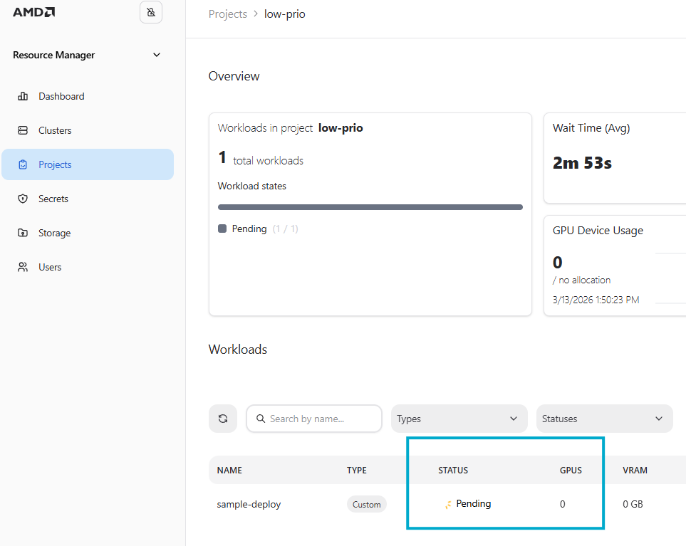 The previously running workload is now pending