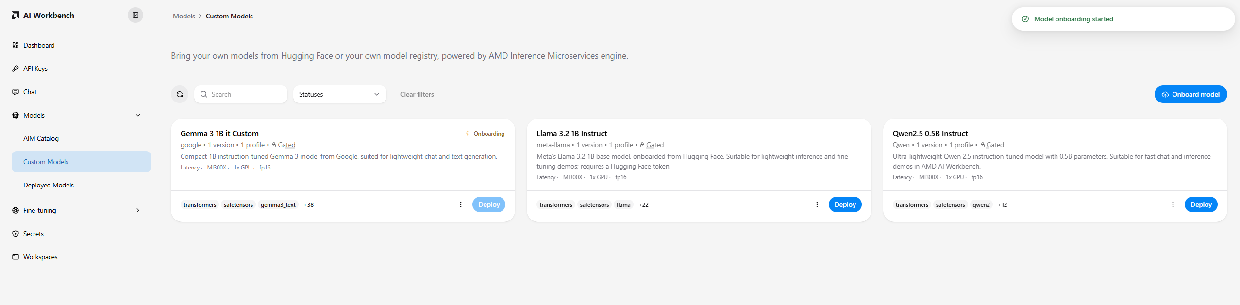 A custom model card showing onboarding in progress.