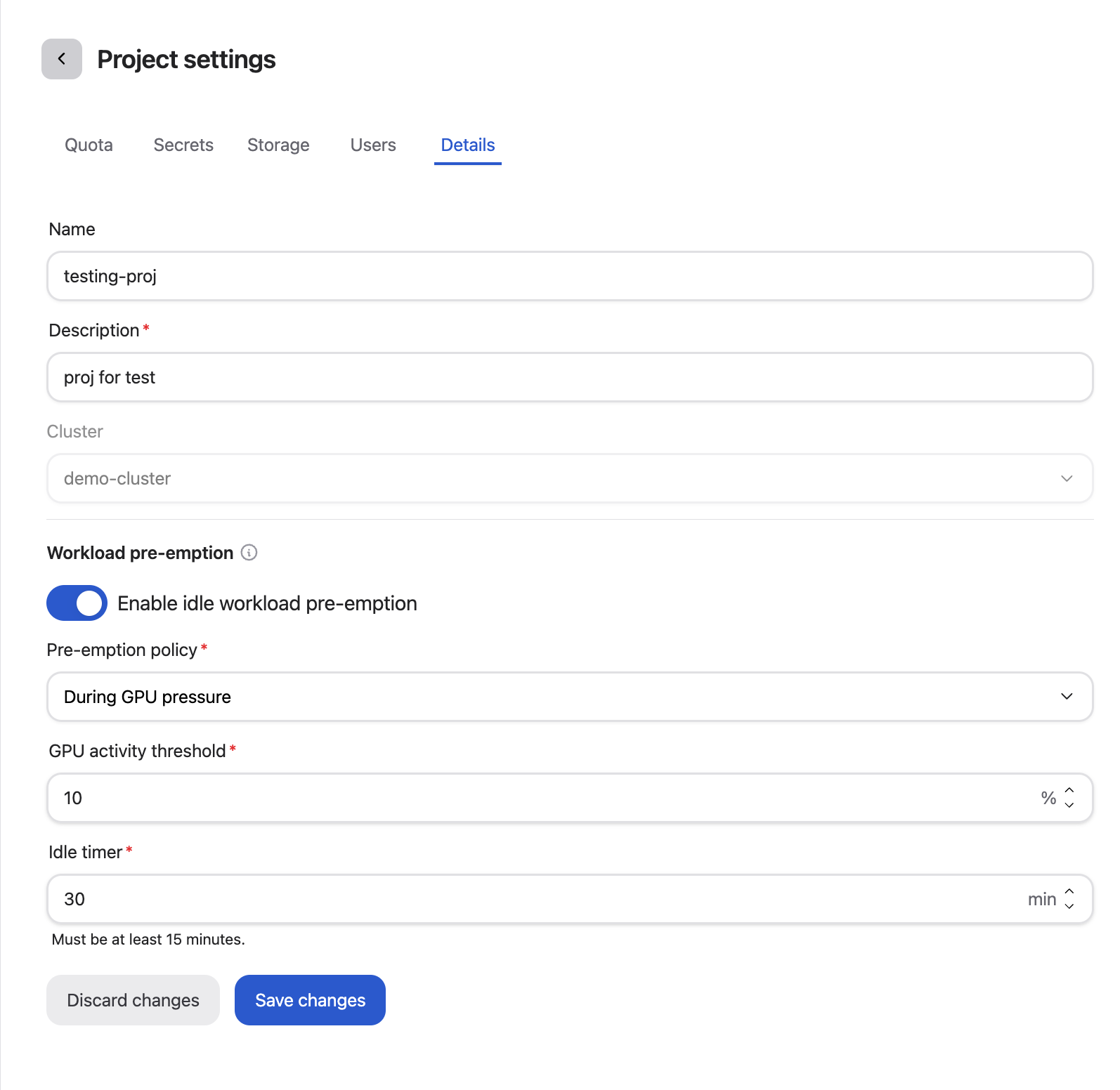 Workload preemption configuration panel