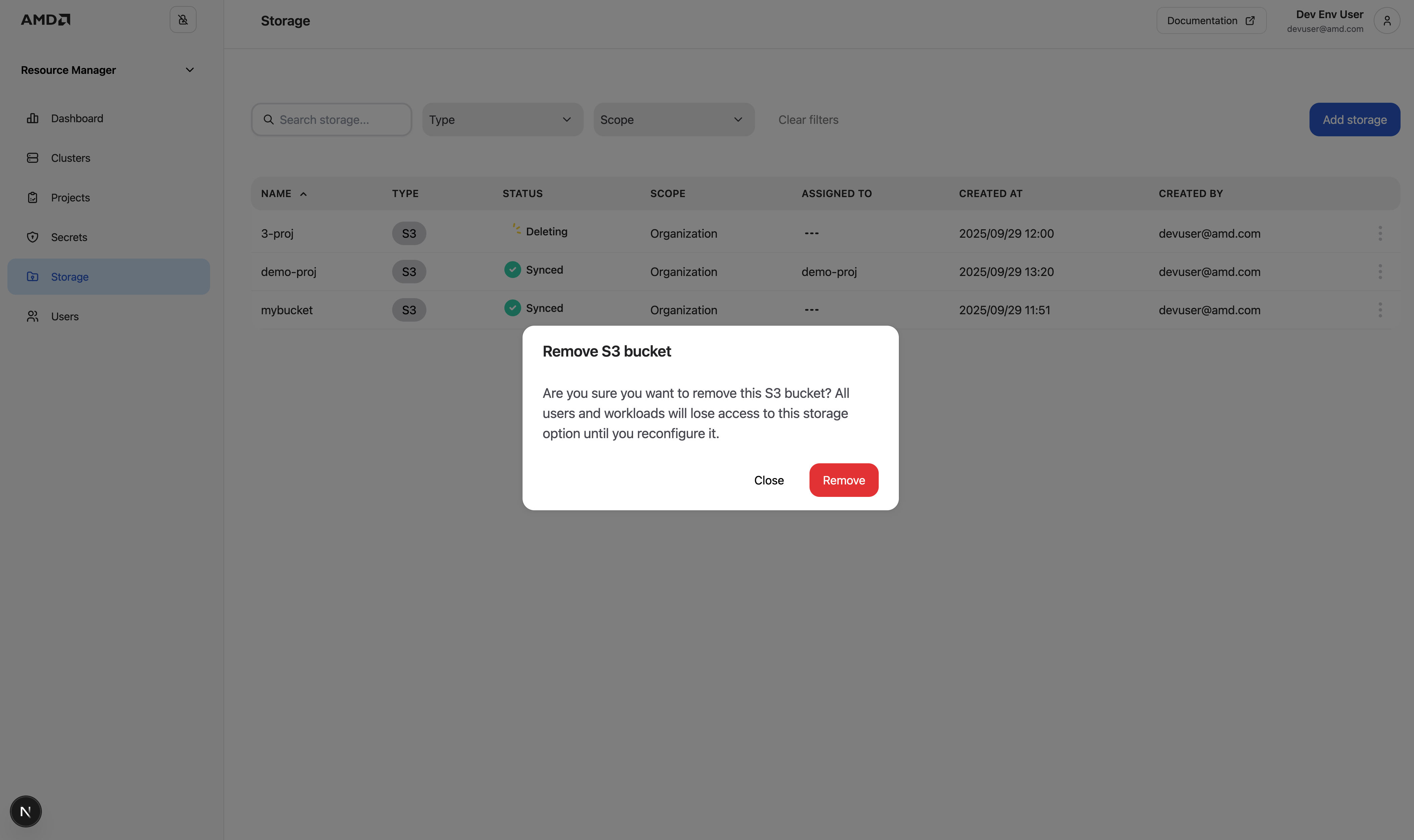 The Remove S3 bucket modal.