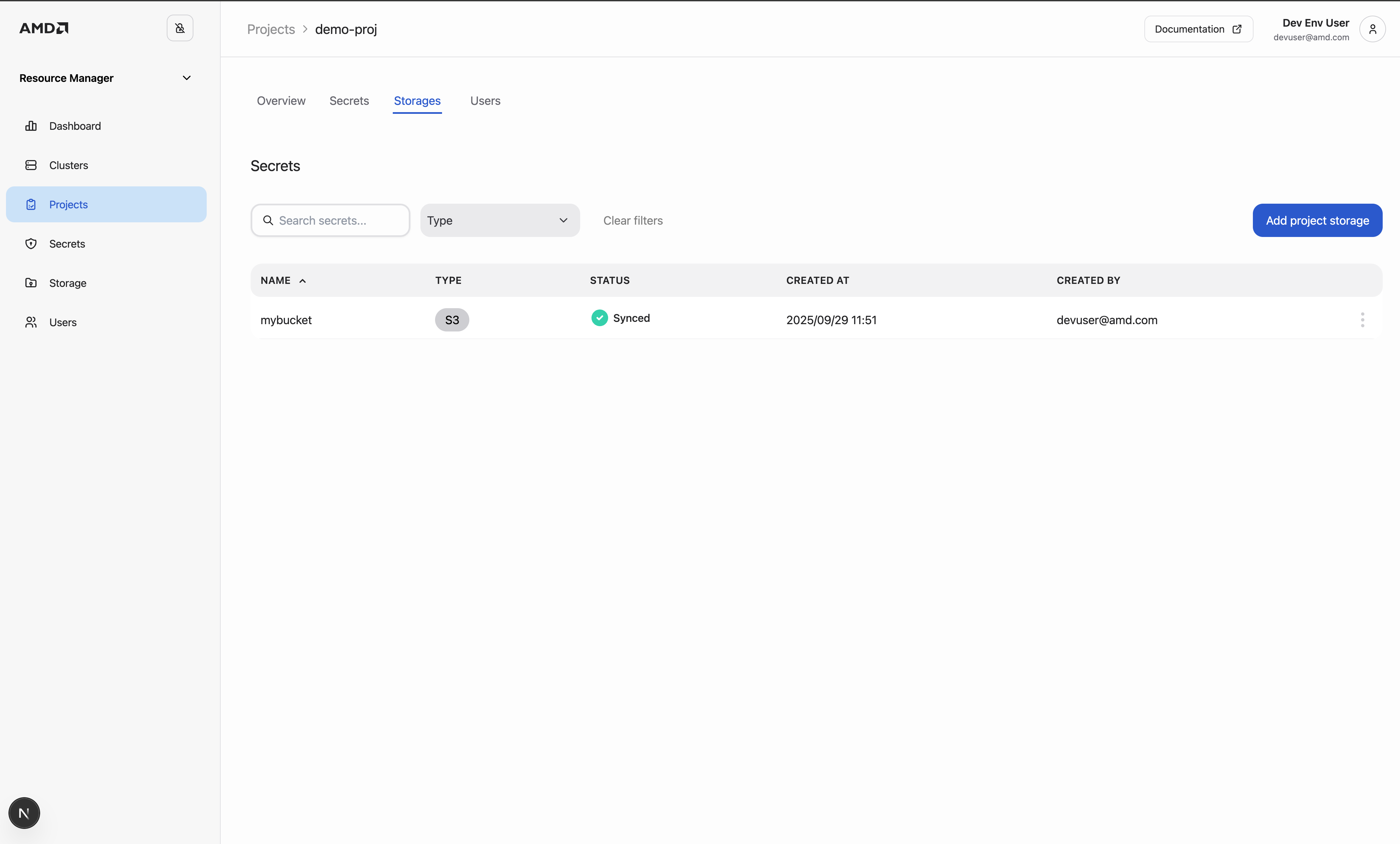 The storage tab on a project page.