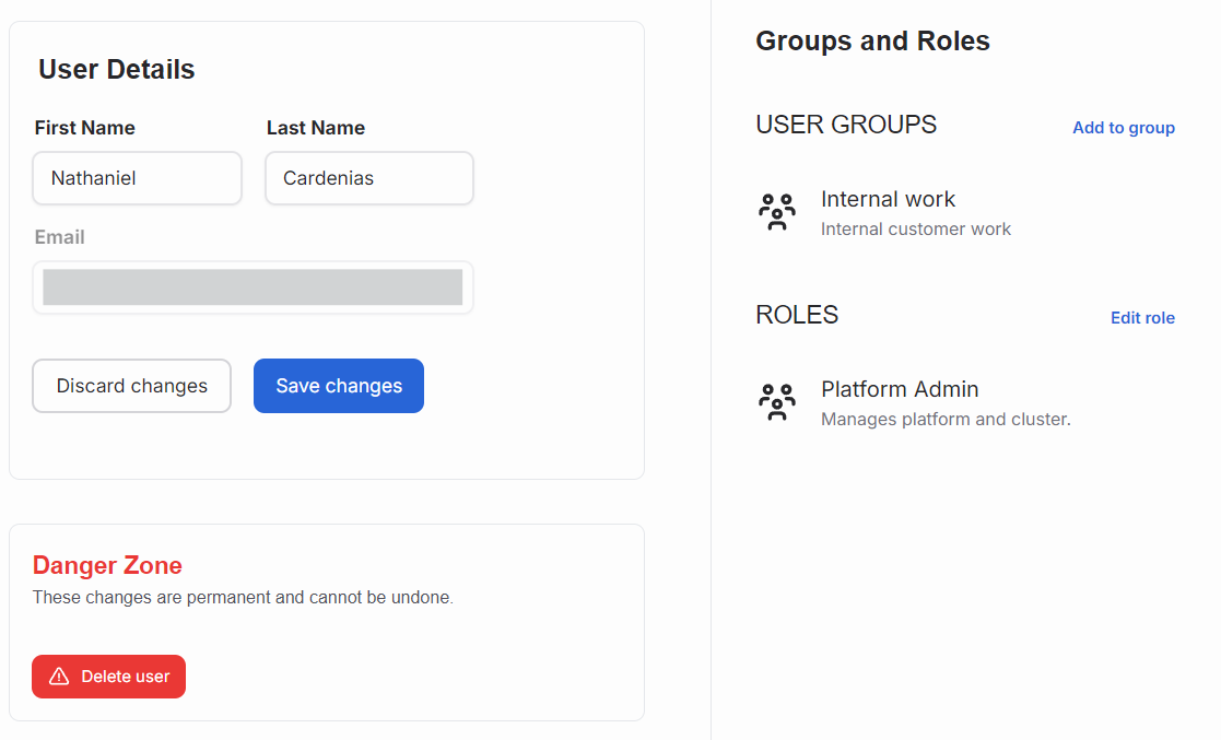 The user view is basically a form for maintaining user properties and their assignments.